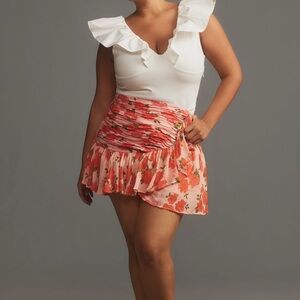 Anthropologie Maeve Pink Combo Floral Ruffled Linen Wrap Mini Asymmetrical Skirt